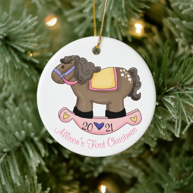 Girls Rocking Horse Baby's First Christmas Keramik Ornament (Baum)