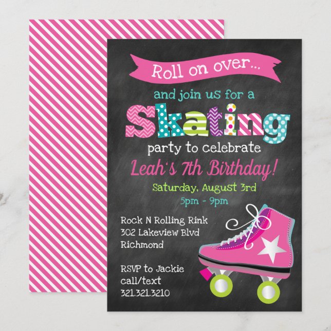 Girls Roller Skaten Birthday Party - Chalkboard Einladung (Vorne/Hinten)