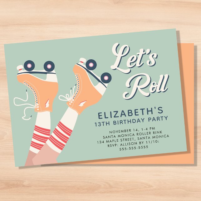 Girls Roller Skaten Birthday Party Einladung (A roller skating birthday party invitation with a retro vibe)