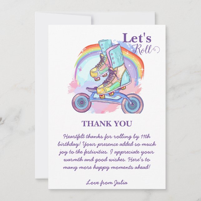Girls Roller Skaten lila Geburtstag Dankeskarte (Vorderseite)