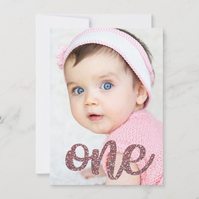 Girls Rose Gold Glitzer Foto Erstgeburt Einladung (Vorderseite)