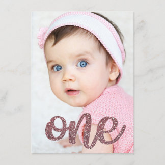 Girls Rose Gold Glitzer Foto Erstgeburt Einladung