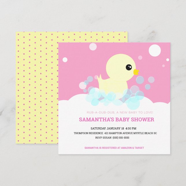Girls Rubber Ducky Baby Shower Einladungen (Vorne/Hinten)
