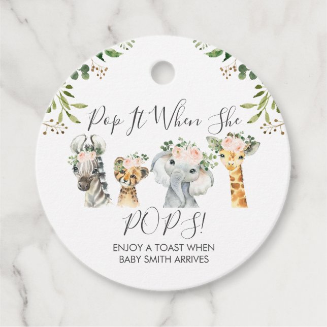 Girls Safari Animals Pop It Baby Dusche Geschenkanhänger (Vorderseite)