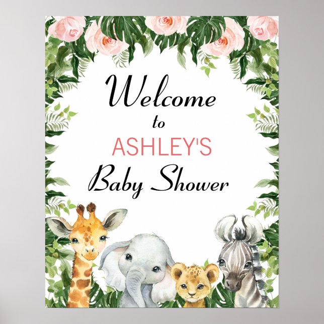 Girls Safari Floral Baby Dusche Willkommenspender Poster (Vorne)