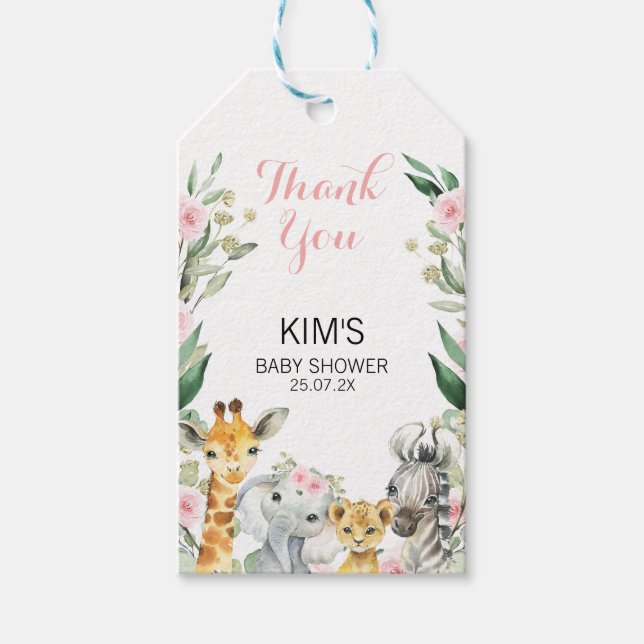 Girls Safari Floral Wreath Baby Dusche Vielen Dank Geschenkanhänger (Vorderseite)