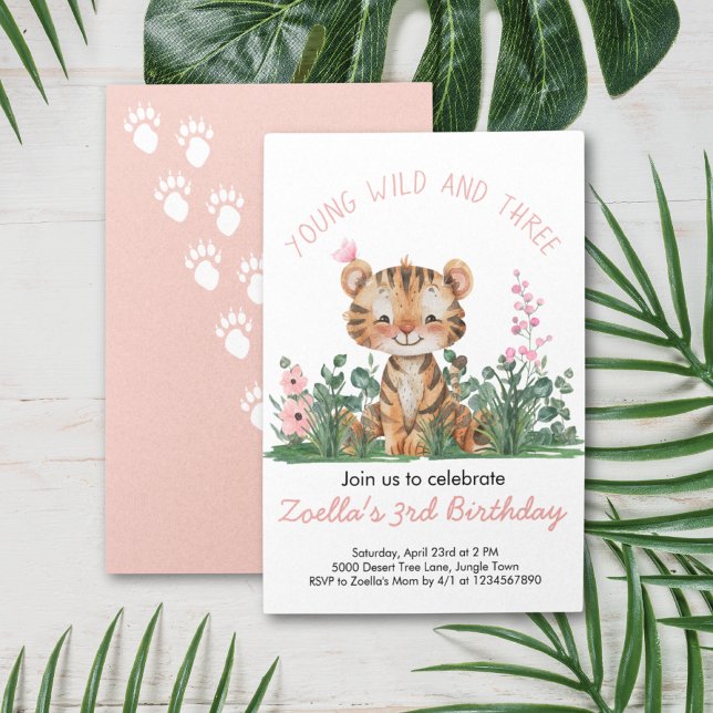Girl's Safari Jungle Geburtstag Einladung (Safari Jungle 3rd Birthday Young Wild and Three Tiger Greenery Pink Birthday Invitation)
