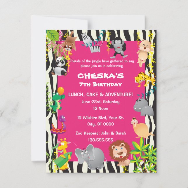 Girl's Safari Thema - Kinderparty lädt ein Einladung (Vorderseite)