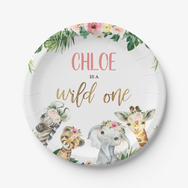 Girls Safari Wild One Birthday Party Paper Plate Pappteller (Vorderseite)