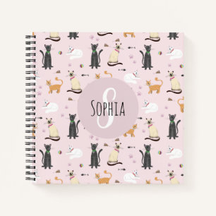 Girls School Niedlich Pink Cat Muster Monogram Notizbuch