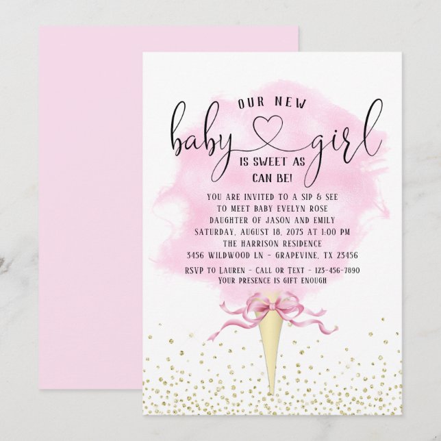 Girls Sip sehen Pink Gold Cotton Candy Baby Dusche Einladung (Vorne/Hinten)