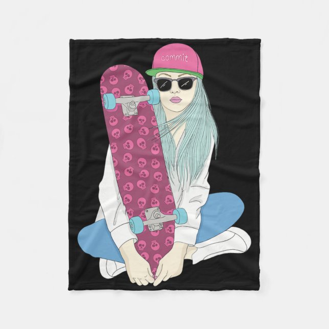 Girls Skate Skateboard Skateboarding Do A Kickflip Fleecedecke (Vorderseite)