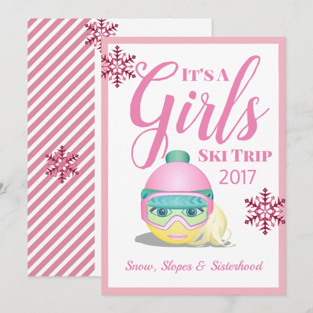 Girls Ski Trip Skiing Emoji Einladung (Vorne/Hinten)
