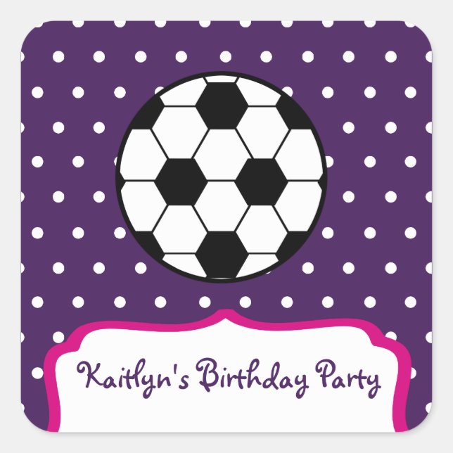 Girl's Soccer Birthday Party - Lila W Pink Quadratischer Aufkleber (Vorderseite)