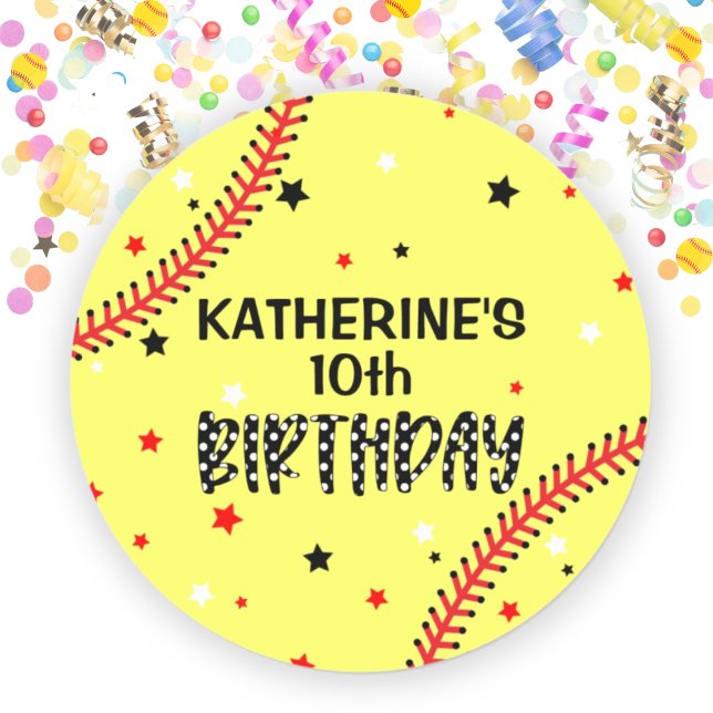 Girls Softball Geburtstagsparty Runder Aufkleber (Girls Softball Birthday Party Classic Round Sticker)