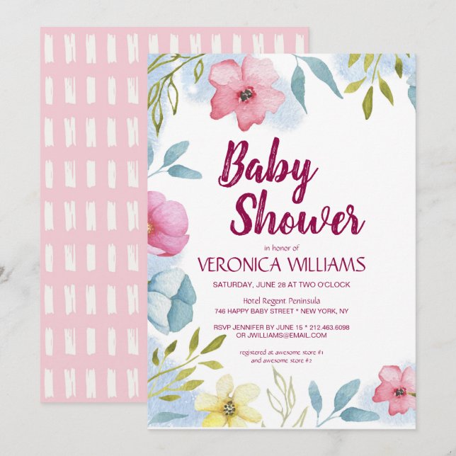 Girls Spring Floral Watercolor Babydusche Einladung (Vorne/Hinten)