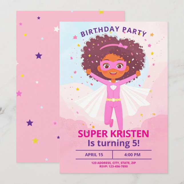 Girl's Super Hero Birthday Invites - Editierbar Einladung (Vorne/Hinten)