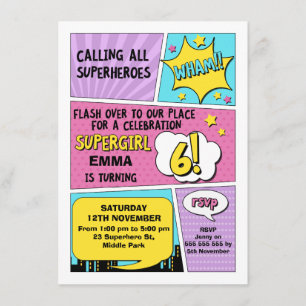 Girls Superhero 6. Geburtstag Einladung