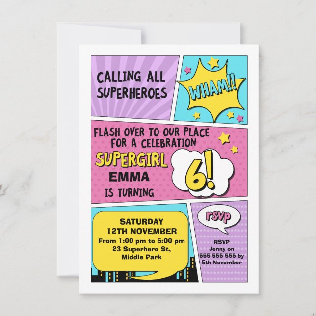 Girls Superhero 6e anniversaire Invitation (Devant)