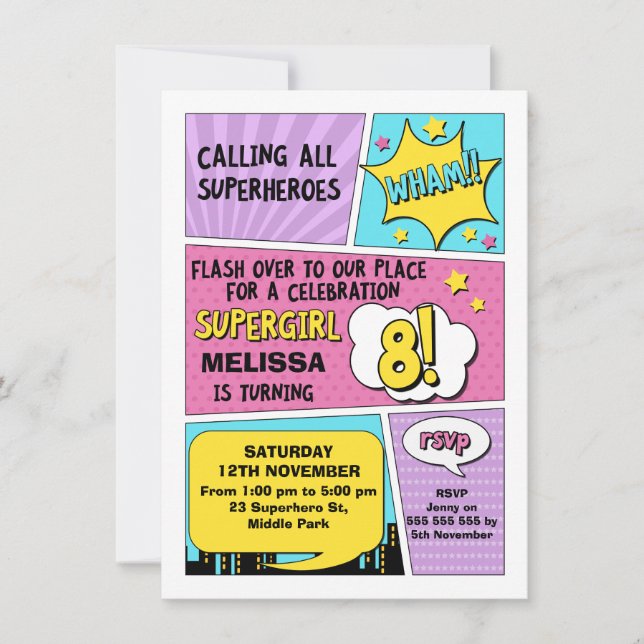 Girls Superhero 8. Geburtstag Einladung (Vorderseite)