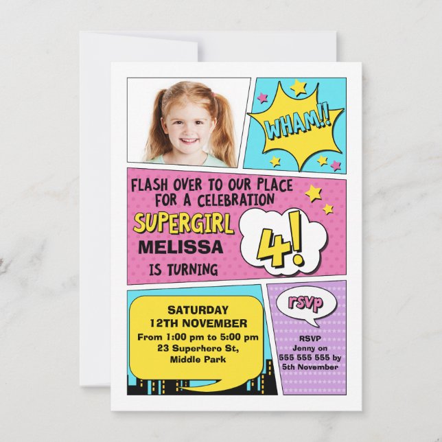 Girls Superhero Foto 4. Geburtstag Einladung (Vorderseite)