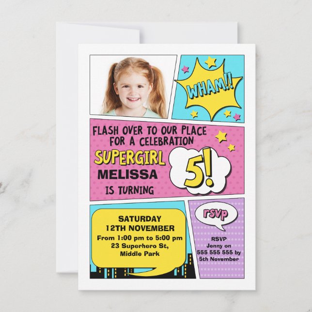 Girls Superhero Foto 5. Geburtstag Einladung (Vorderseite)