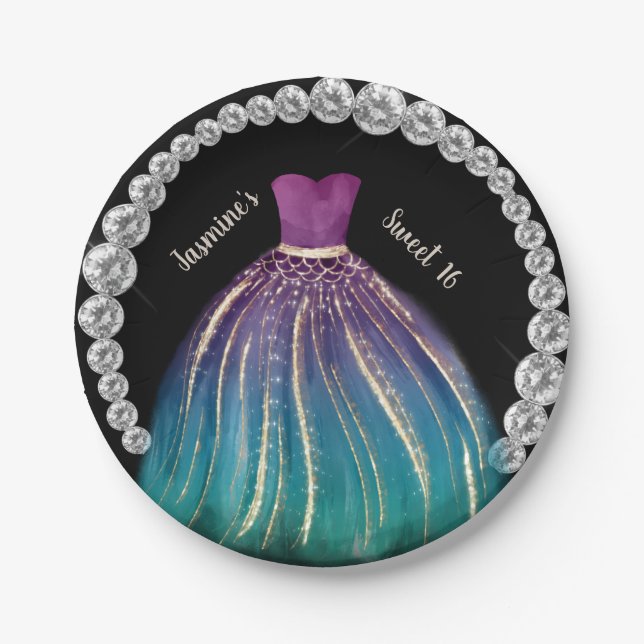 Girls Sweet 16 Ombre Kleid und Rhinestones Pappteller (Vorderseite)