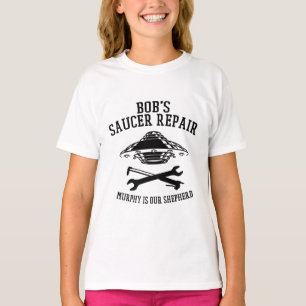 Girl's T - Shirt mit Saucer-Repair-Logo des schwar