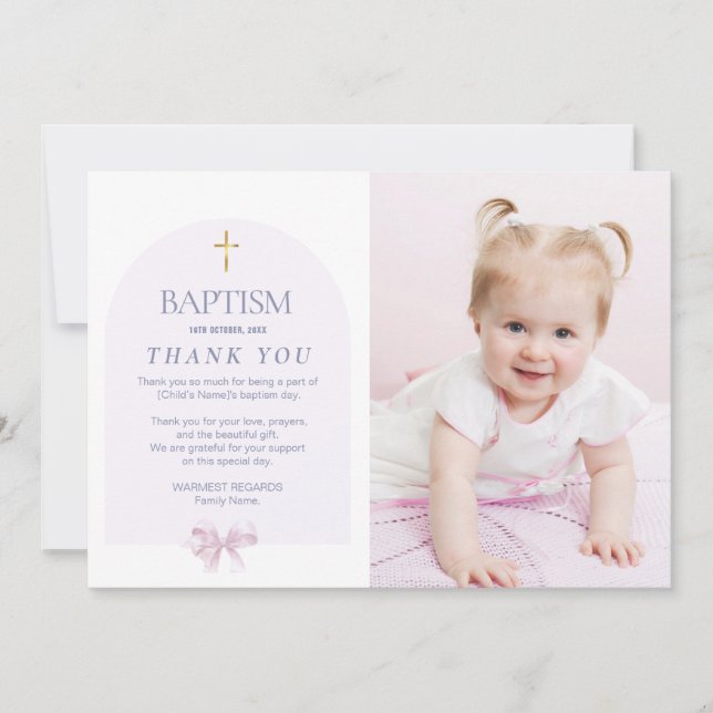 Girls Taufe Danke mit Foto, Pink Bow Thema Einladung (Vorderseite)