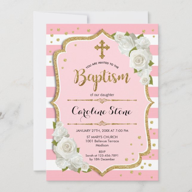 Girls Taufen Einladung - Rosa Gold Weiß (Vorderseite)