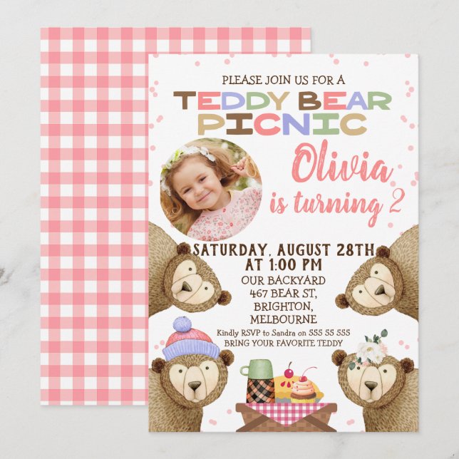 Girls Teddy Bear Picnic Foto Einladung zum Geburts (Vorne/Hinten)