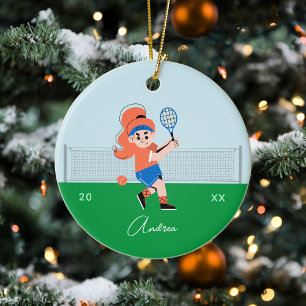 Girl's Tennis Player Ginger Hair Kid's Name & Year Keramik Ornament