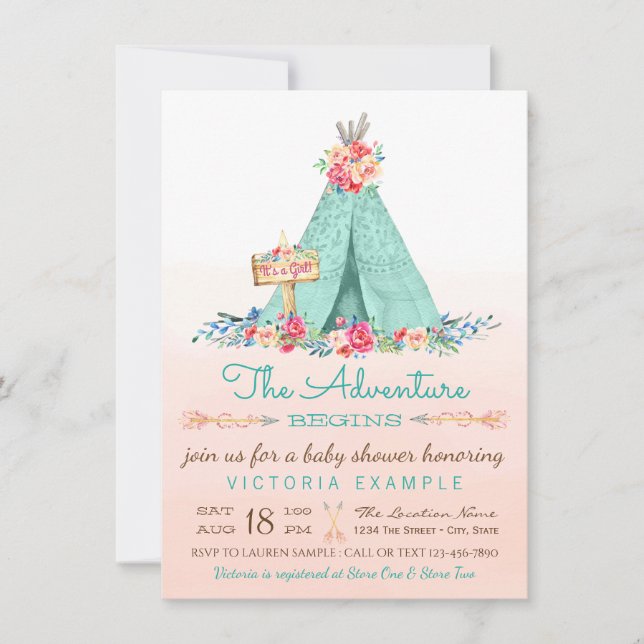 Girls Tipi Baby Shower Einladungen (Vorderseite)