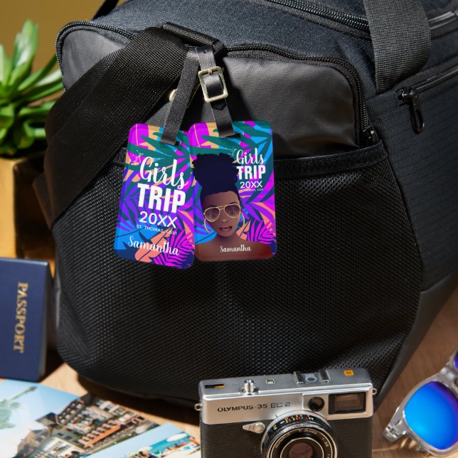 Girls Trip 20XX, tropisch farbenfroh, schwarze Fra Gepäckanhänger (Vorderseite & Rückseite)