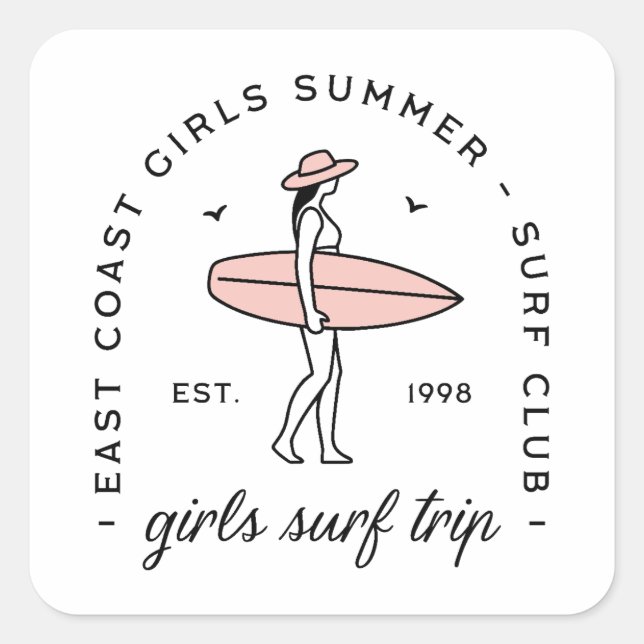 Girls trip surf club surfing besties summer surfer quadratischer aufkleber (Vorderseite)