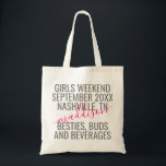 Girls Trip Weekend Vacation Name Tragetasche<br><div class="desc">Personalisierter Girls Weekend Trip Custom Leinwand Tote Bag mit bearbeitbarem grauem und hellrosa Text und einer Formulierung für Datum,  Zielort,  Namen und lustiges Zitat wie "Bestien,  Knospen,  Getränke" ist ein nützliches Pflegegeschenk für Ihre Reise-Truppe oder Brautmädchen.</div>