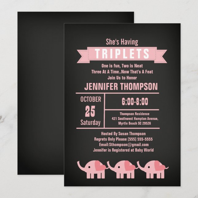 Girls Triplet Elephant Baby Duschbox Einladung (Vorne/Hinten)
