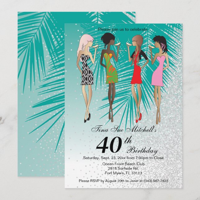 Girls Tropical Luau Party Einladung (Vorne/Hinten)