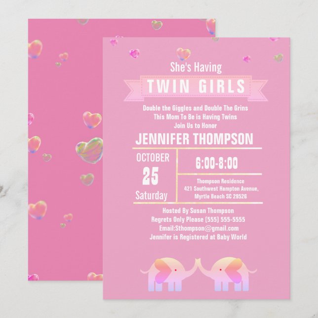 Girls Twin Elephant Pink/Lila Baby Dusche Einladung (Vorne/Hinten)