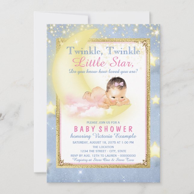 Girls Twinkle Twinkle Little Star Baby Dusche Einladung (Vorderseite)