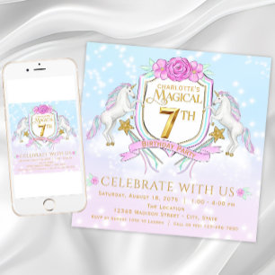 Girls Unicorn 7. Geburtstagsparty Einladungen