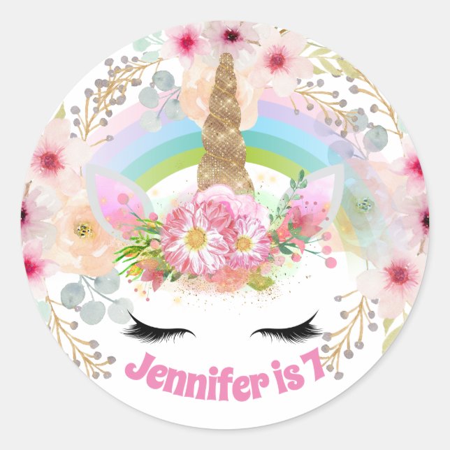 Girls Unicorn Anniversaire Stickers NOM TOUT ÂGE (Devant)