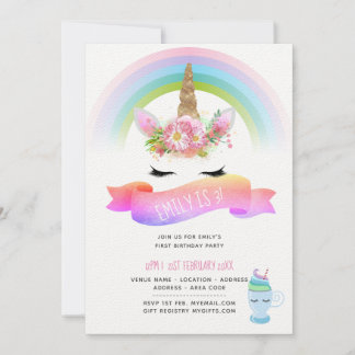 Girls Unicorn Birthday Invites - Pink Lila Gold Einladung