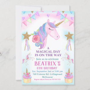 Girls Unicorn Cake Stars Anniversaire Invitation