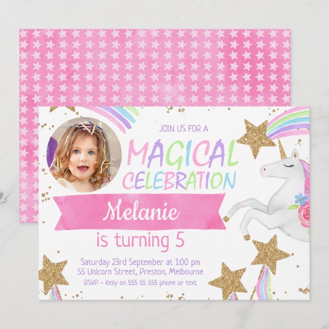 Girls Unicorn Foto Geburtstag Einladung (Vorne/Hinten)