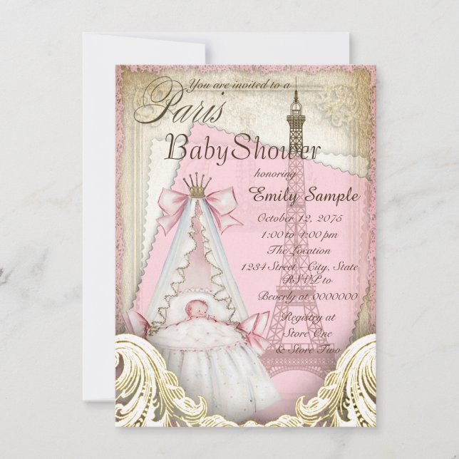 Girls Vintag Paris Baby Dusche Einladung (Vorderseite)