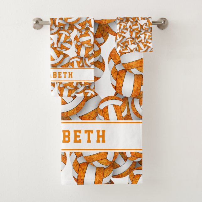 Girls-Volleyballs Muster personalisiert orange Badhandtuch Set (Insitu)