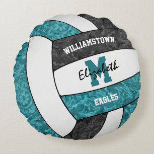 Girls Volleyballsaal aquamarin Schwarze Mannschaft Rundes Kissen
