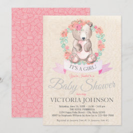 Girls Watercolor Floral Baby Bear Baby Dusche Einladung