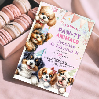 Girls Welpe Hund Pawty 3. Geburtstag Einladung